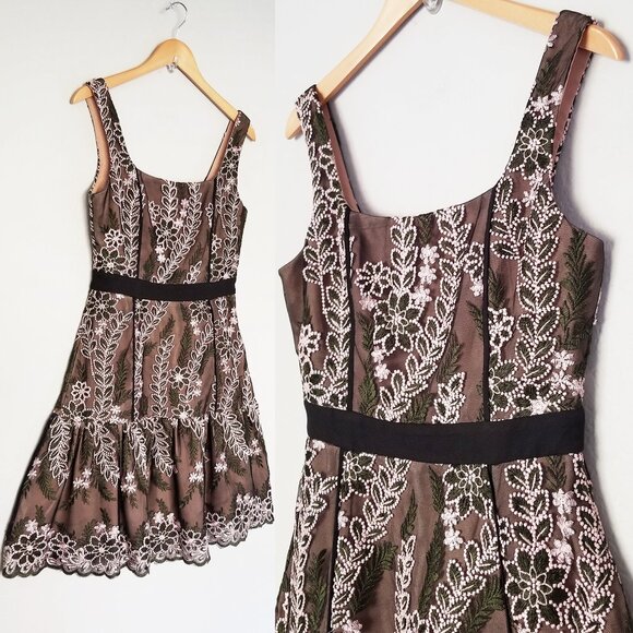 Harlyn Lace Overlay Floral Embroidered Fit Flared Dress S Square Neck Scallop - Picture 5 of 16